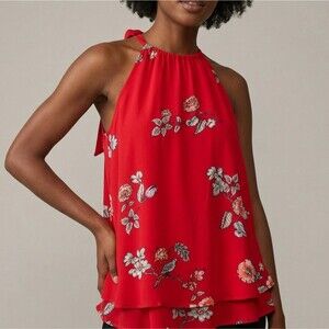 BB Dakota Red Floral Halter Top Pleated Size Small Bohemian Cottagecore Dopamine